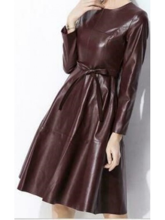 Womens Long Sleeve Genuine Sheepskin Brown Leather Dress