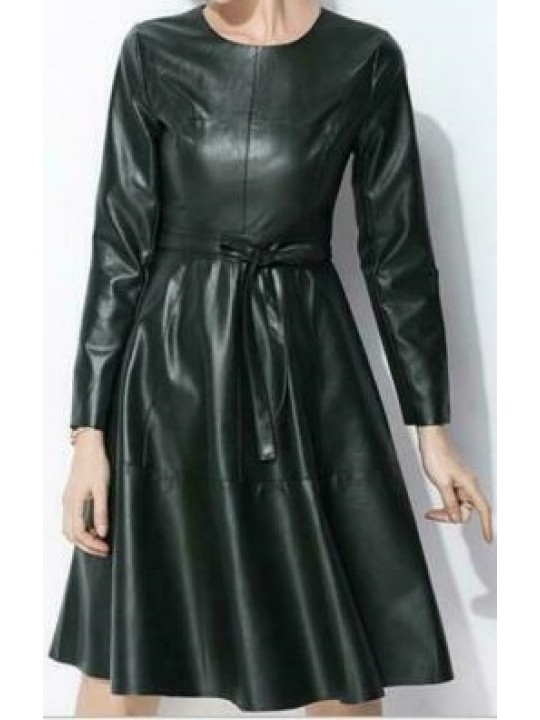 Womens Long Sleeve Genuine Sheepskin Green Leather Dress