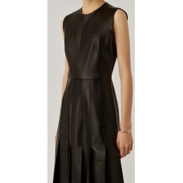 Womens New Fashion Sleeveless Real Sheepskin Black Leather Dress