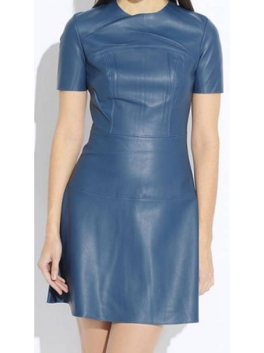 Womens O-Neck Short Sleeve Real Sheepskin Blue Leather Dress