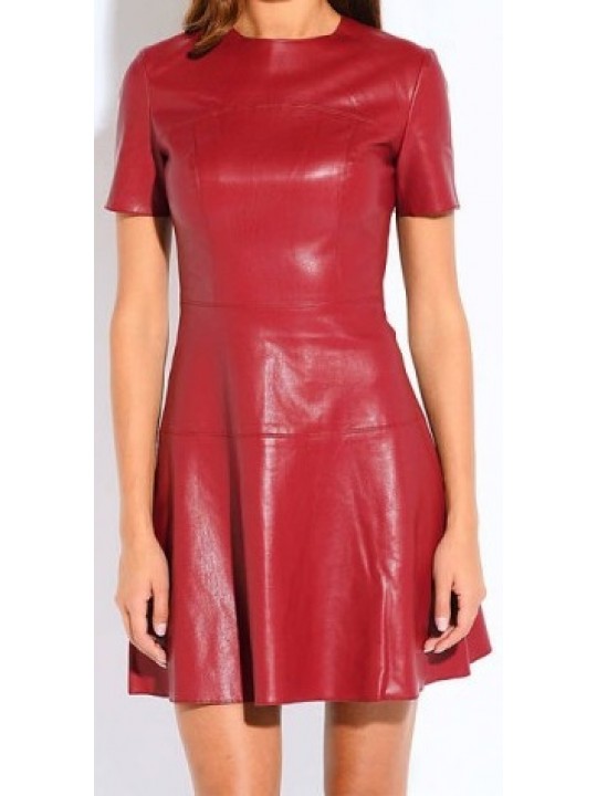 Womens O-Neck Short Sleeve Real Sheepskin Red Leather Dress