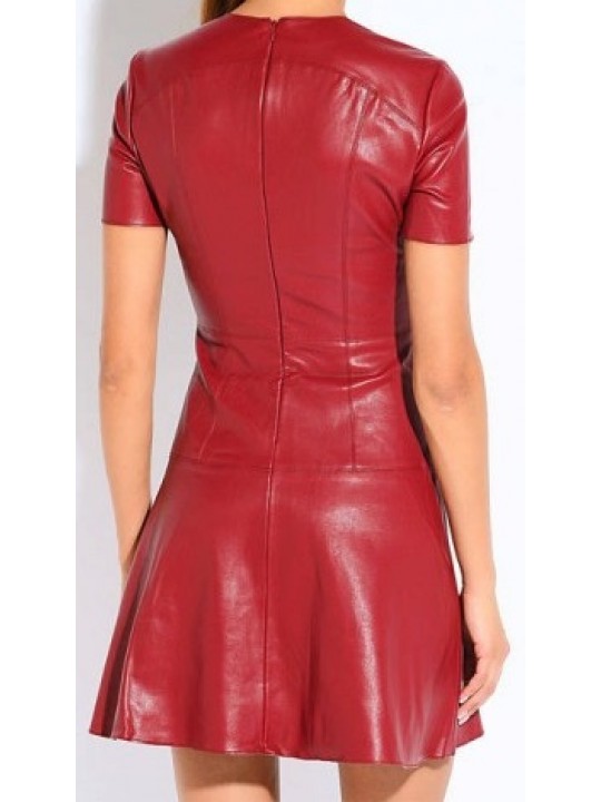 Womens O-Neck Short Sleeve Real Sheepskin Red Leather Dress
