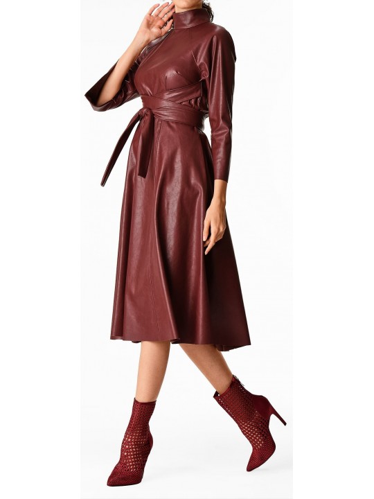 Womens Obi Belt Style Real Sheepskin Burgundy Leather Dress