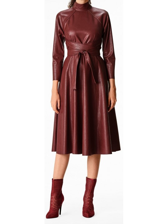 Womens Obi Belt Style Real Sheepskin Burgundy Leather Dress