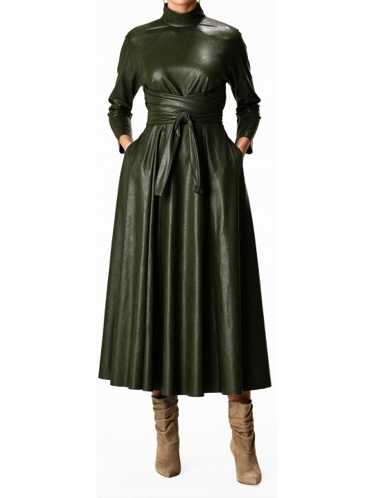 Womens Obi Belt Style Real Sheepskin Olive Green Leather Dress