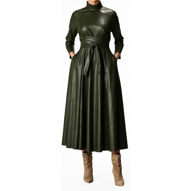 Real Sheepskin Olive Green Leather Dress