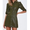 Womens Shirt Style Real Sheepskin Olive Green Leather Dress