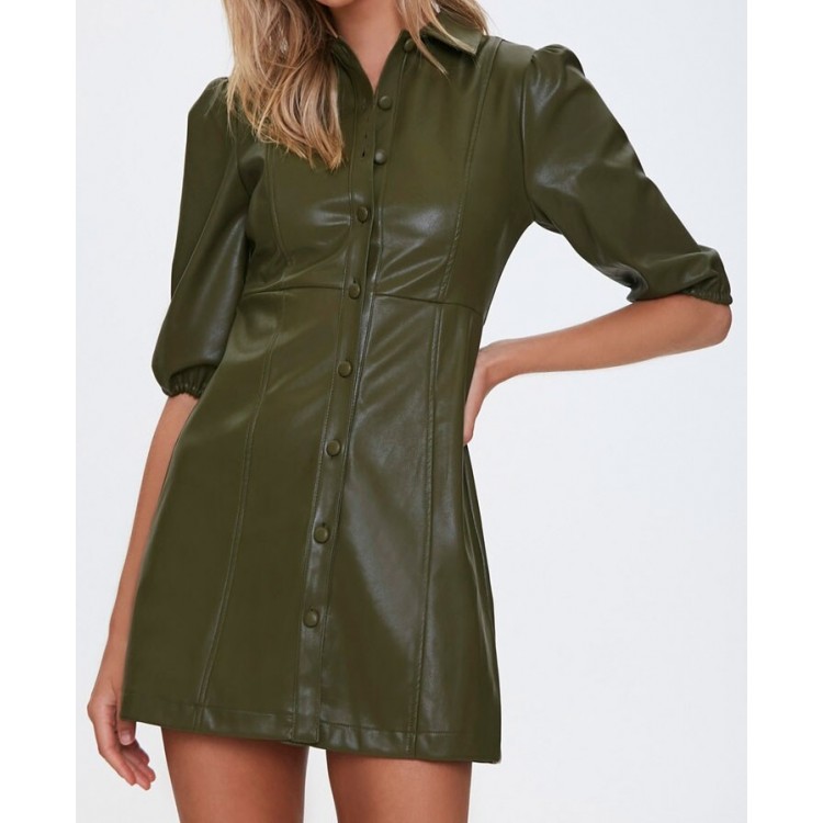 Real Sheepskin Olive Green Leather Dress