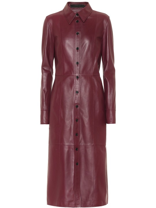Womens Spread Collar Real Sheepskin Burgundy Leather Dress