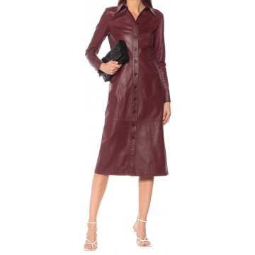 Womens Spread Collar Real Sheepskin Burgundy Leather Dress