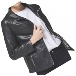 Casual Fashion Ladies Real Sheepskin Black Leather Jacket
