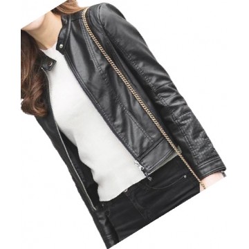 Girls Casual look original goatskin black leather jacket