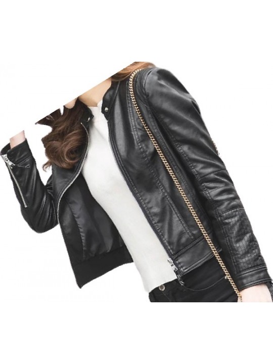 Girls Casual look original goatskin black leather jacket