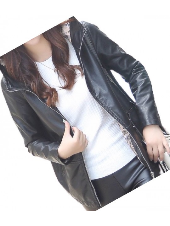 Girls Cool Fashion Hooded Real Sheepskin Black Leather Jacket Coat