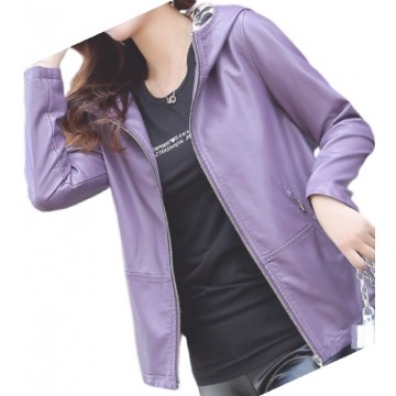 Girls Cool Fashion Hooded Real Sheepskin Purple Leather Jacket Coat