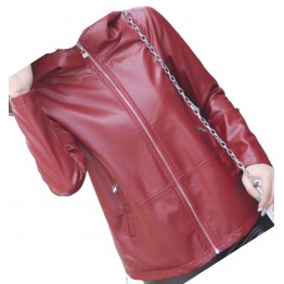 Girls Cool Fashion Hooded Real Sheepskin Red Leather Jacket Coat