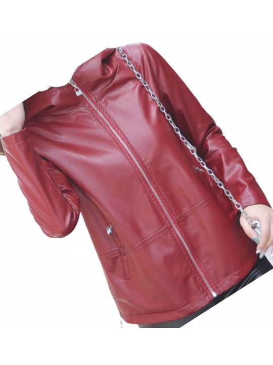 Girls Cool Fashion Hooded Real Sheepskin Red Leather Jacket Coat