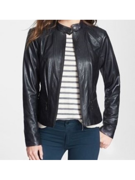Girls Cool Style Genuine Lambskin Navy Blue Leather Jacket