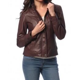 Girls Great Style Genuine Lambskin Brown Leather Jacket