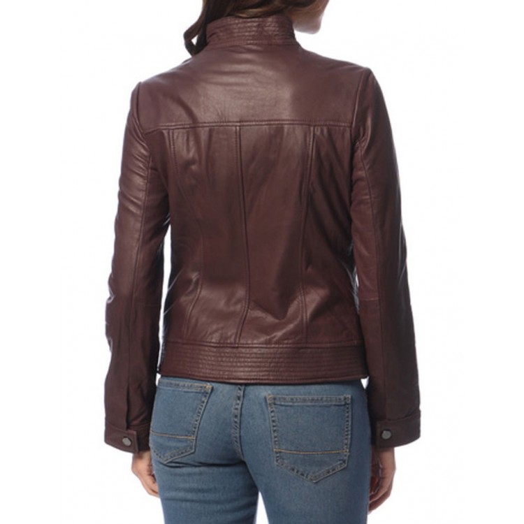 Girls Great Style Genuine Lambskin Brown Leather Jacket