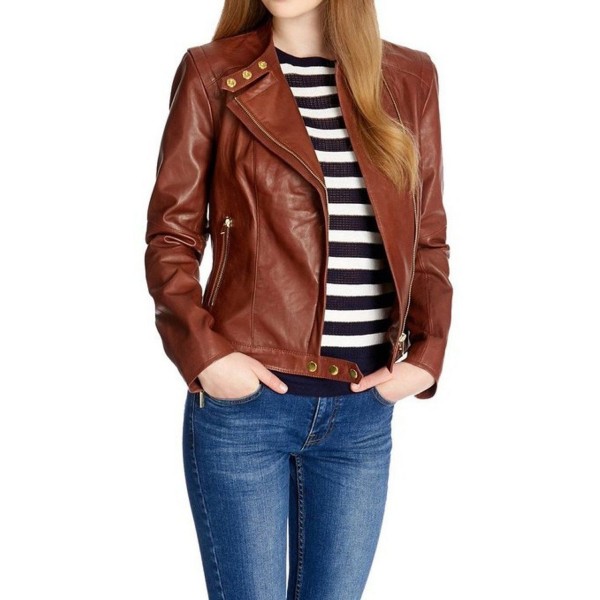 Girls New Fashion Original Lambskin Brown Leather Jacket