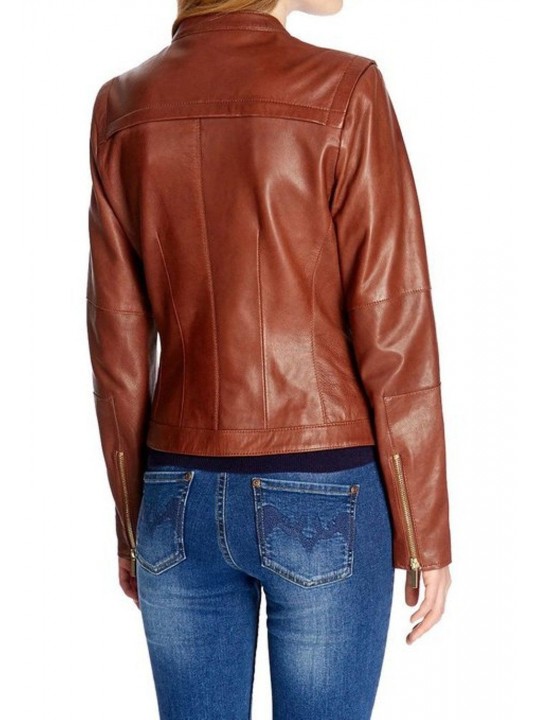 Girls New Fashion Original Lambskin Brown Leather Jacket
