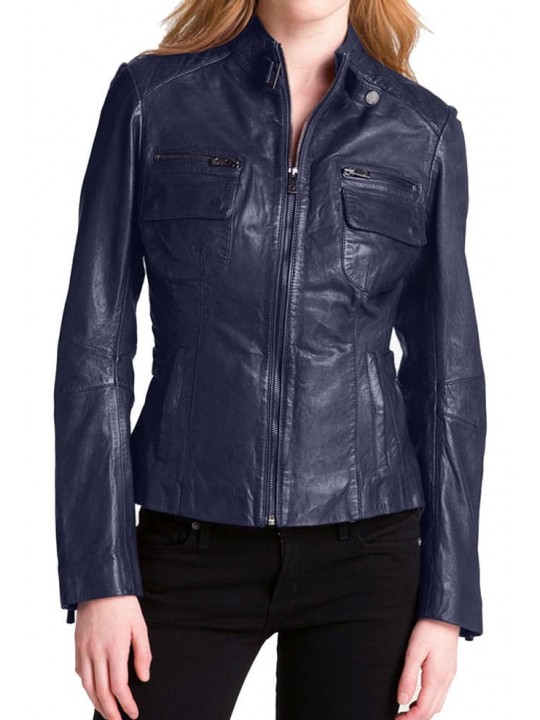 Girls New Trendy Look Genuine Lambskin Navy Blue Leather Jacket