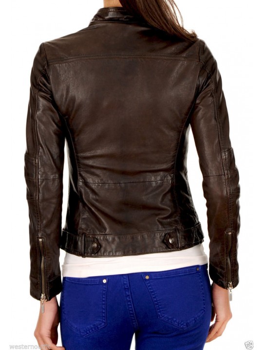 Girls Smart Look Real Lambskin Dark Brown Leather Jacket