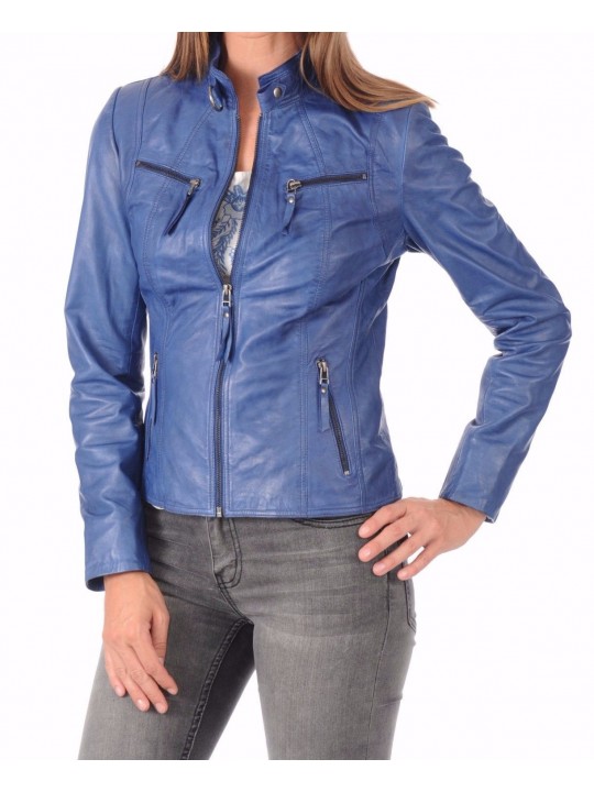Girls Trendsetter Real Goatskin Blue Leather Jacket