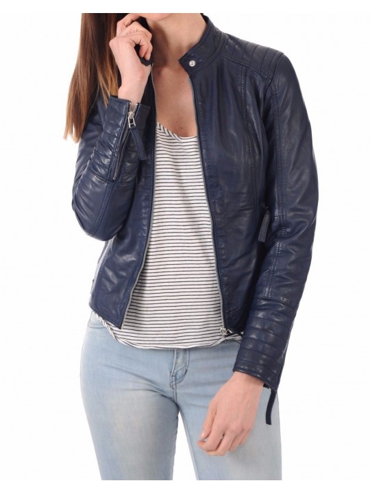 Girls Trendsetter Real Sheepskin Navy Blue Leather Jacket