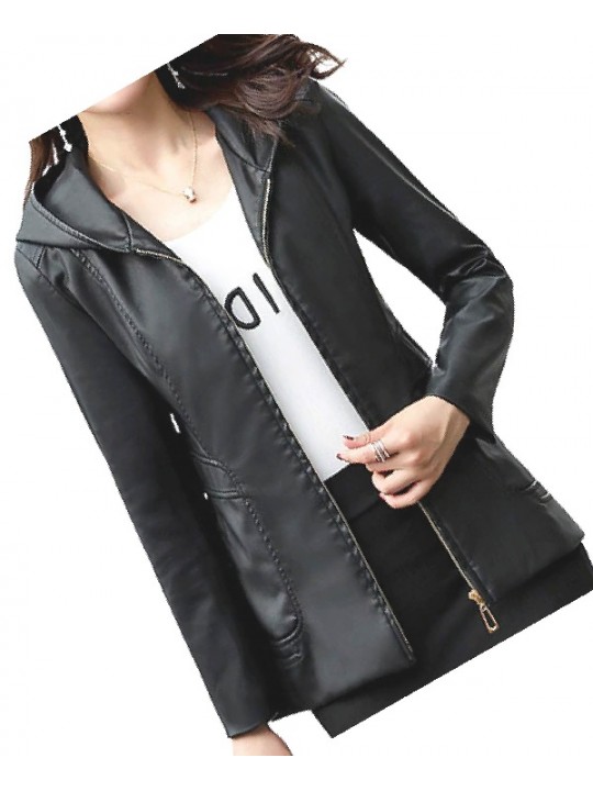 Girls Trendy Hooded Original Lambskin Black Leather Jacket Coat