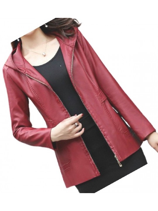 Girls Trendy Hooded Original Lambskin Red Leather Jacket Coat