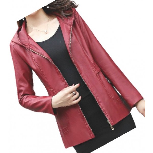 Girls Trendy Hooded Original Lambskin Red Leather Jacket Coat