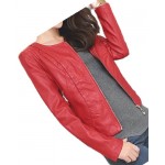Ladies Collarless Original Goatskin Red Leather Jacket