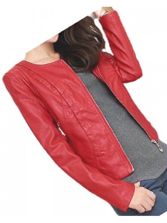 Ladies Collarless Original Goatskin Red Leather Jacket