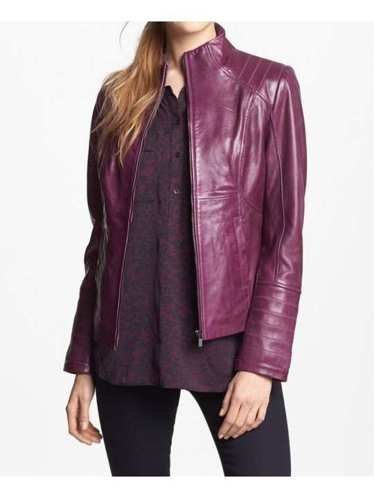 Ladies Cute Fashionable Real Lambskin Purple Leather Jacket