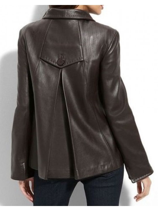 Ladies elegant classic style authentic lambskin dark brown leather jacket