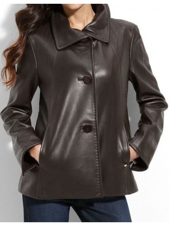 Ladies elegant classic style authentic lambskin dark brown leather jacket