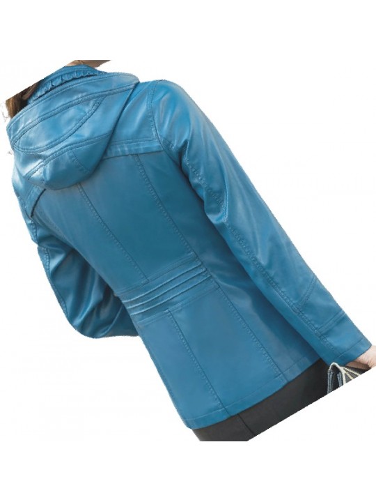 Ladies Hooded Real Sheepskin Blue Leather Jacket Coat