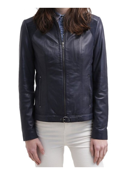Ladies Sophisticated Original Sheepskin Navy Blue Leather Jacket