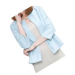 Open Front Short Sleeve Collarless Ladies Real Sheepskin Baby Blue Leather Jacket