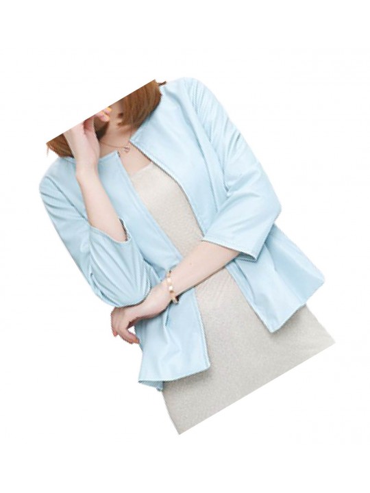 Open Front Short Sleeve Collarless Ladies Real Sheepskin Baby Blue Leather Jacket