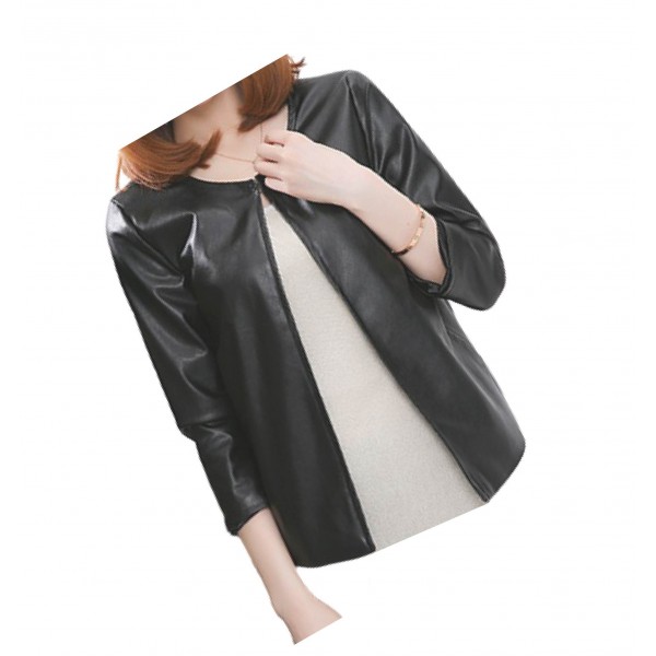 Open Front Short Sleeve Collarless Ladies Real Sheepskin Black Leather Jacket