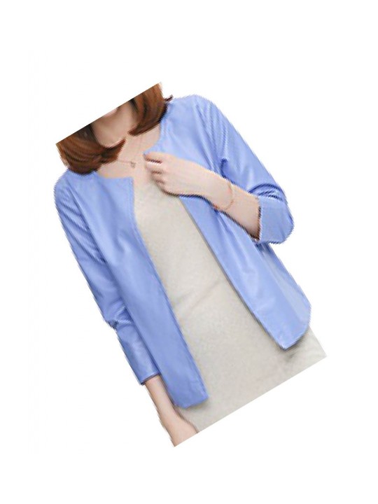 Open Front Short Sleeve Collarless Ladies Real Sheepskin Blue Leather Jacket