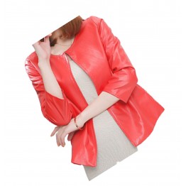 Open Front Short Sleeve Collarless Ladies Real Sheepskin Red Leather Jacket