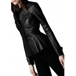 Peplum Waist Womens Real Sheepskin Black Leather Coat Jacket