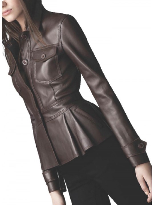 Peplum Waist Womens Real Sheepskin Brown Leather Coat Jacket