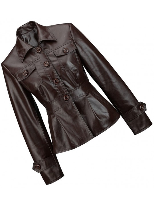Peplum Waist Womens Real Sheepskin Brown Leather Coat Jacket