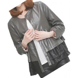 Round Neck Ladies Real Sheepskin Gray Leather Jacket