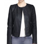 Simple Collarless Womens Original Lambskin Black Leather Jacket
